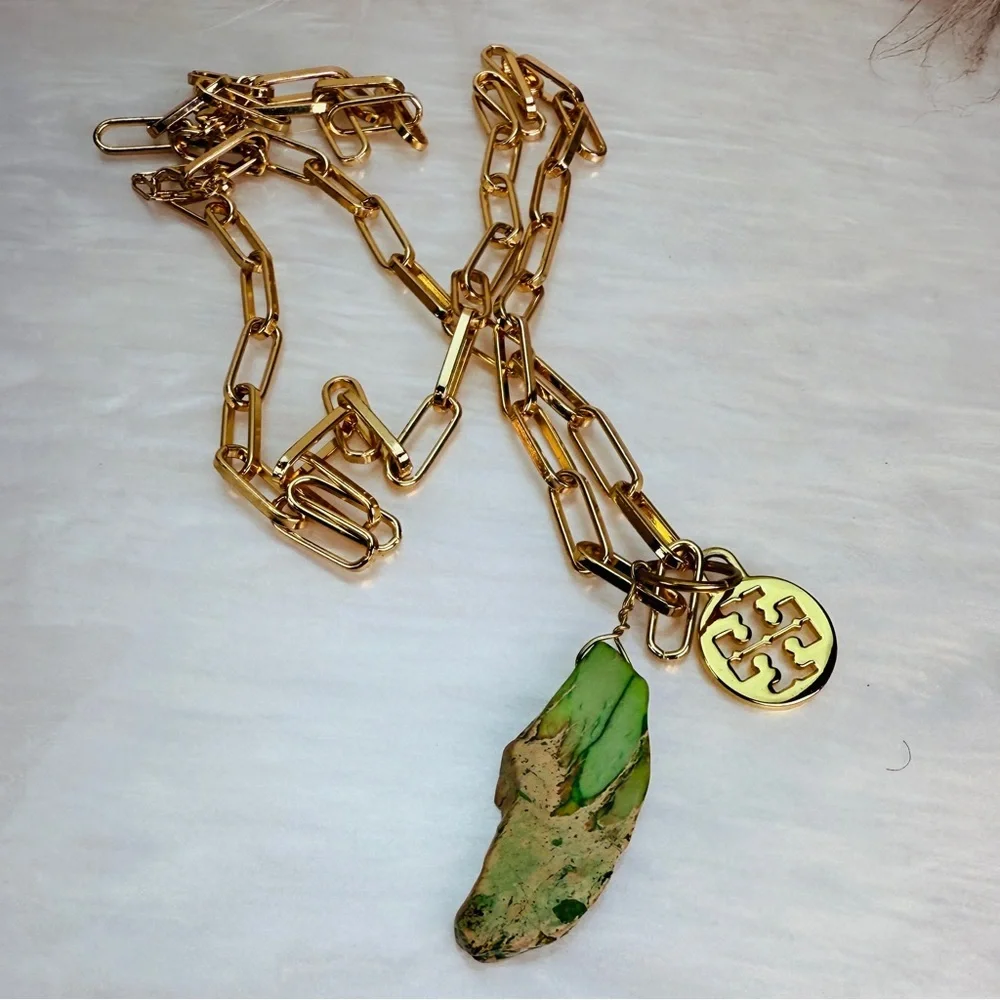Goldtone chunky chain green statement stone and a Tory Burch charm 34” necklace